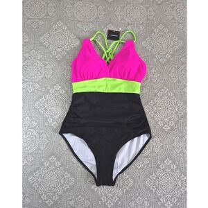 Aidonger Womens One Piece Swimsuit Neon Pink Green Black Ruched Tummy Control L